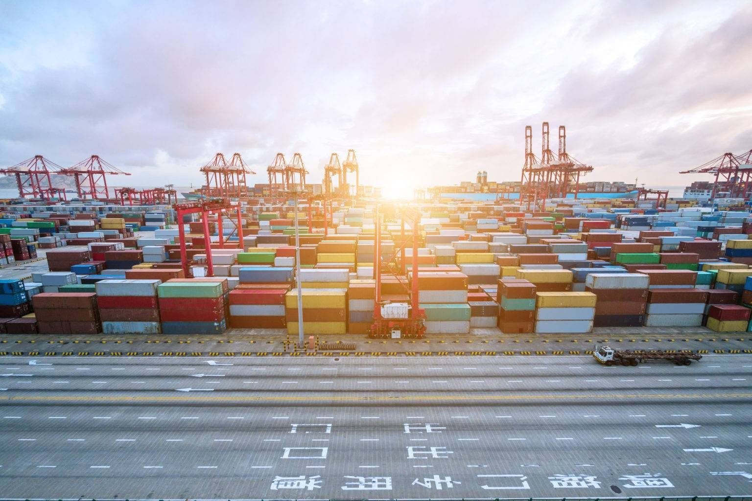Industrial port at dawn at the Port of shanghai